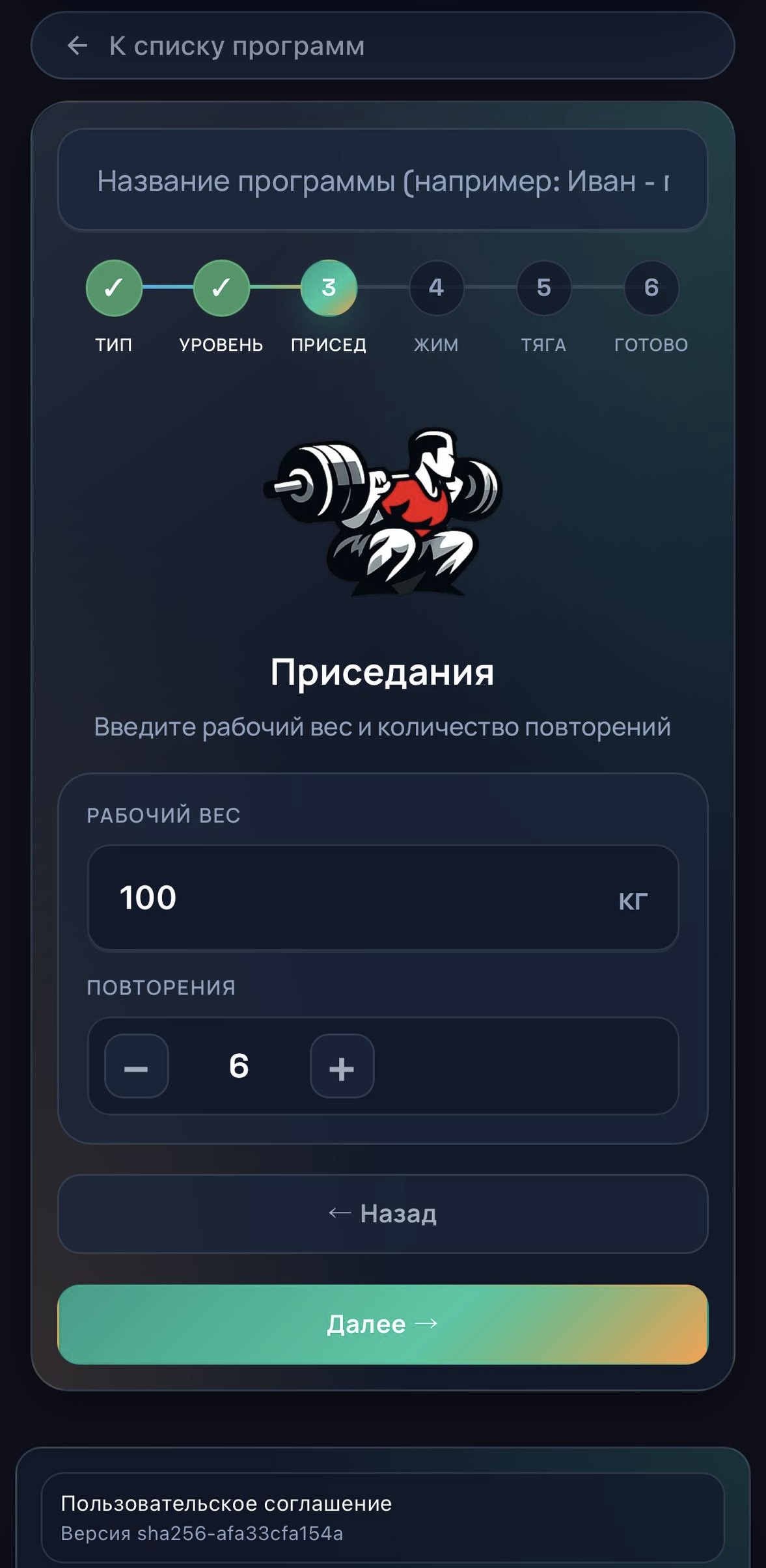 Шаг 3. Ввод результата в приседе
